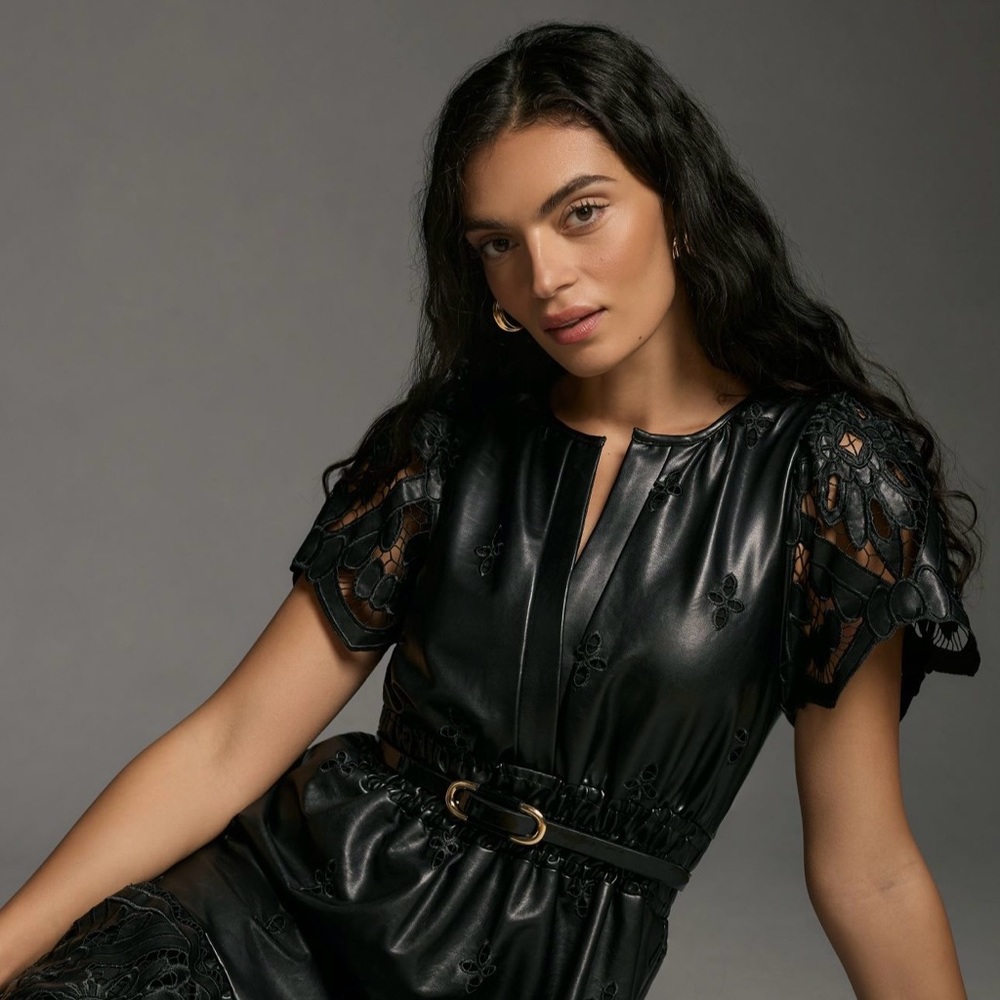 NWT Anthropologie Faux Leather Embroidered Maxi Dress L